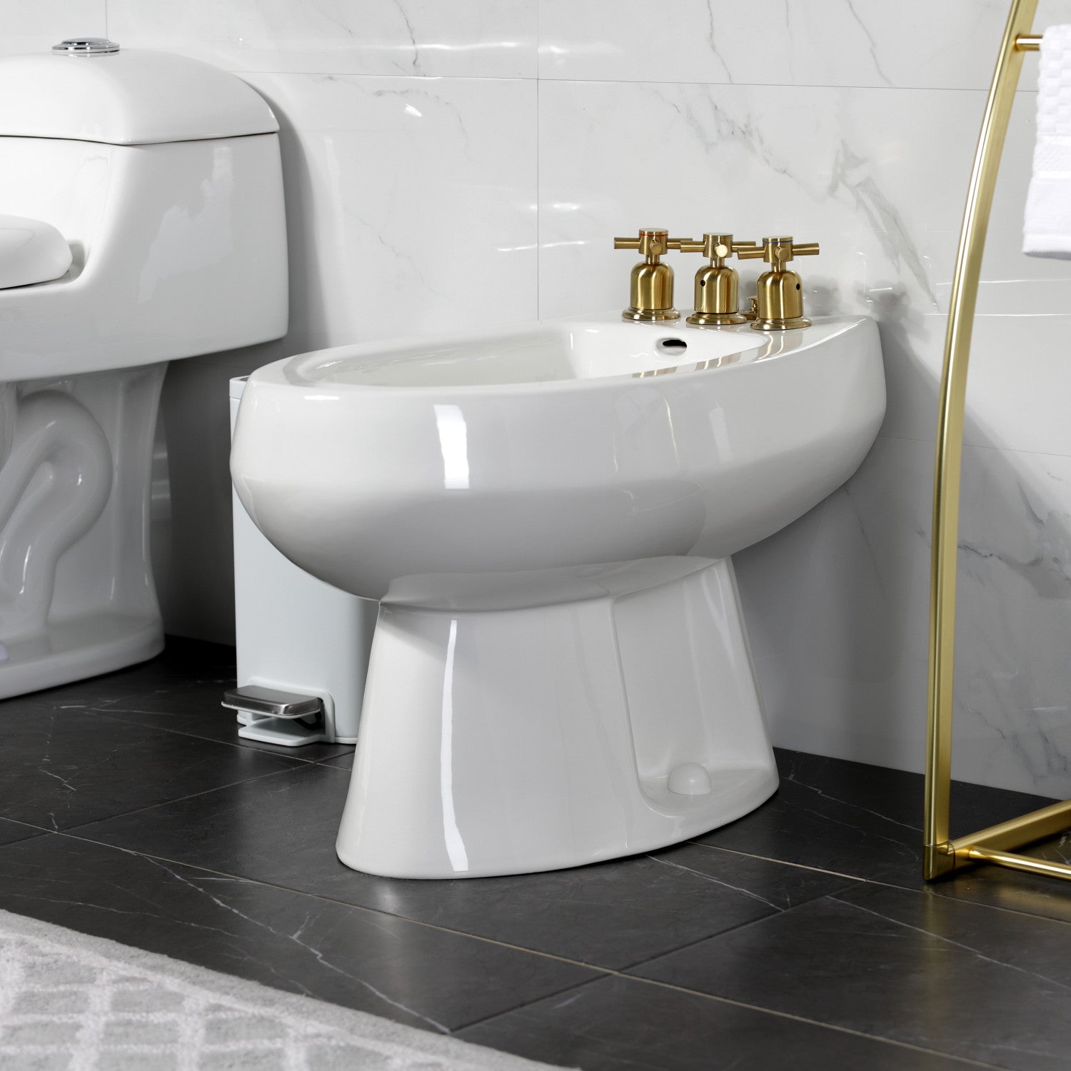 Kingston Sona KB6327DX - Concord Three-Handle Deck Mount Vertical Spray Bidet Faucet with Brass Pop-Up, Brushed Brass — thumbnail 2